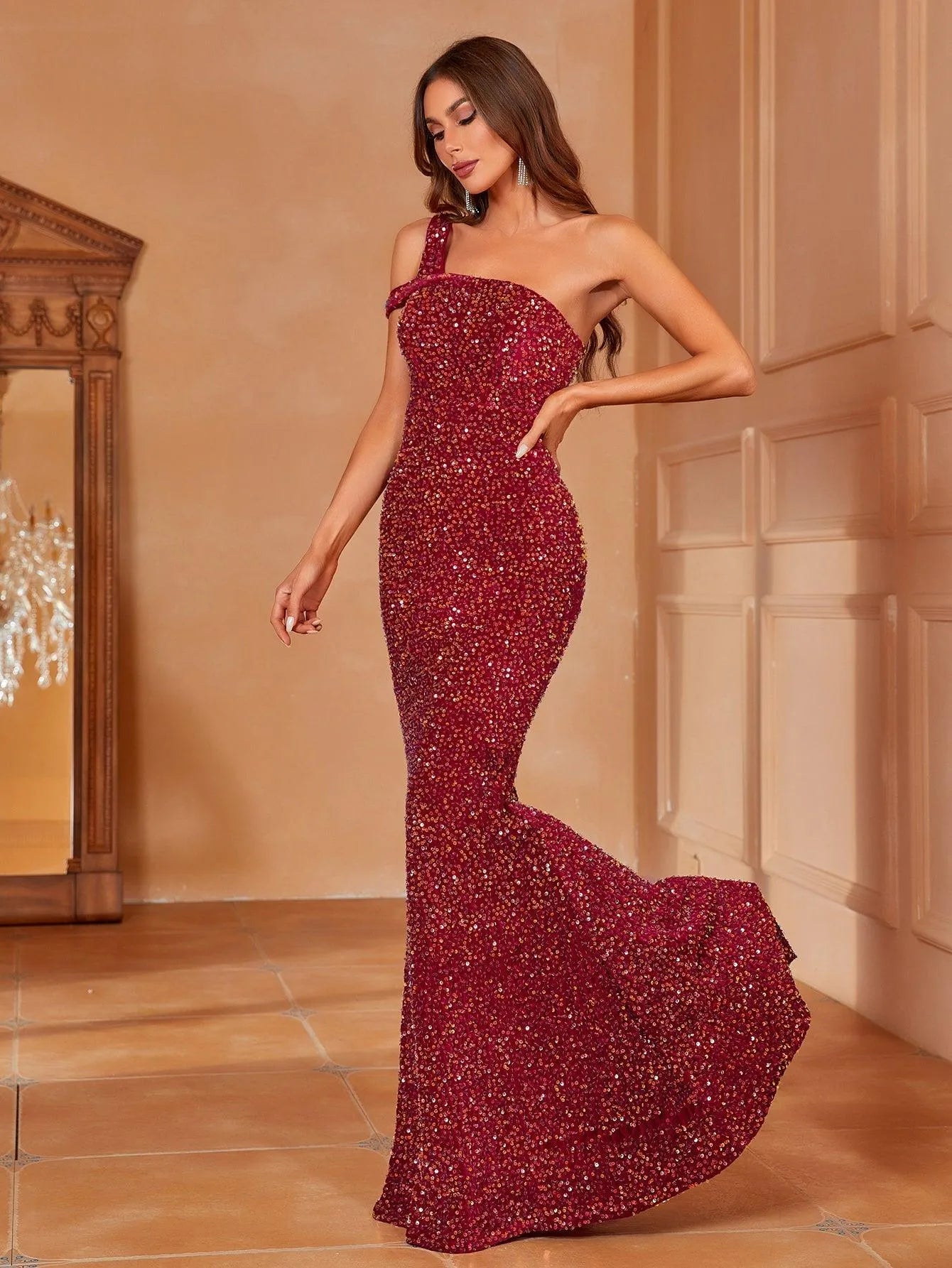 One Shoulder Mermaid Hem Sequin Party Dress - Elonnashop