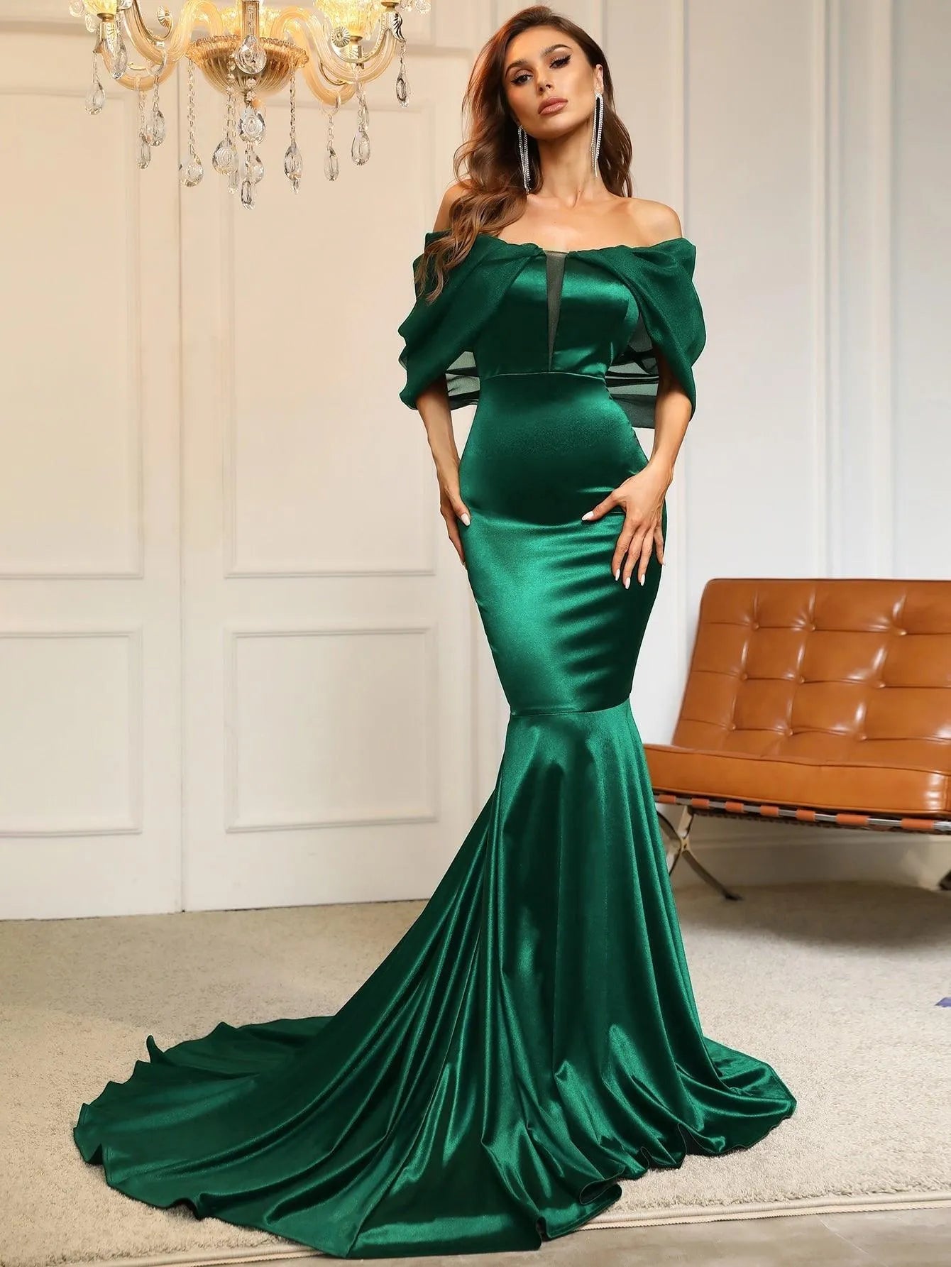 Off Shoulder Cap Sleeves Satin Mermaid Dress - Elonnashop