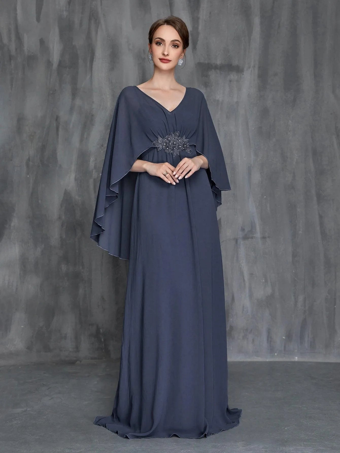 Womens' Applique Detail V Neck Chiffon Cape Dress - Elonnashop