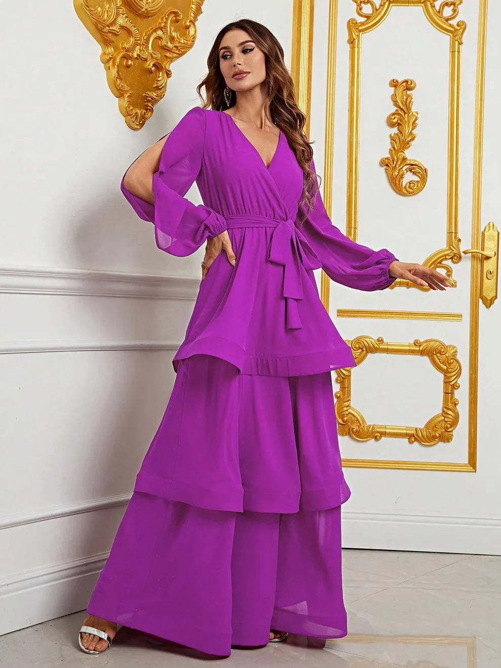 Cascading Ruffle Lantern Sleeves Chiffon Dresses - Elonnashop