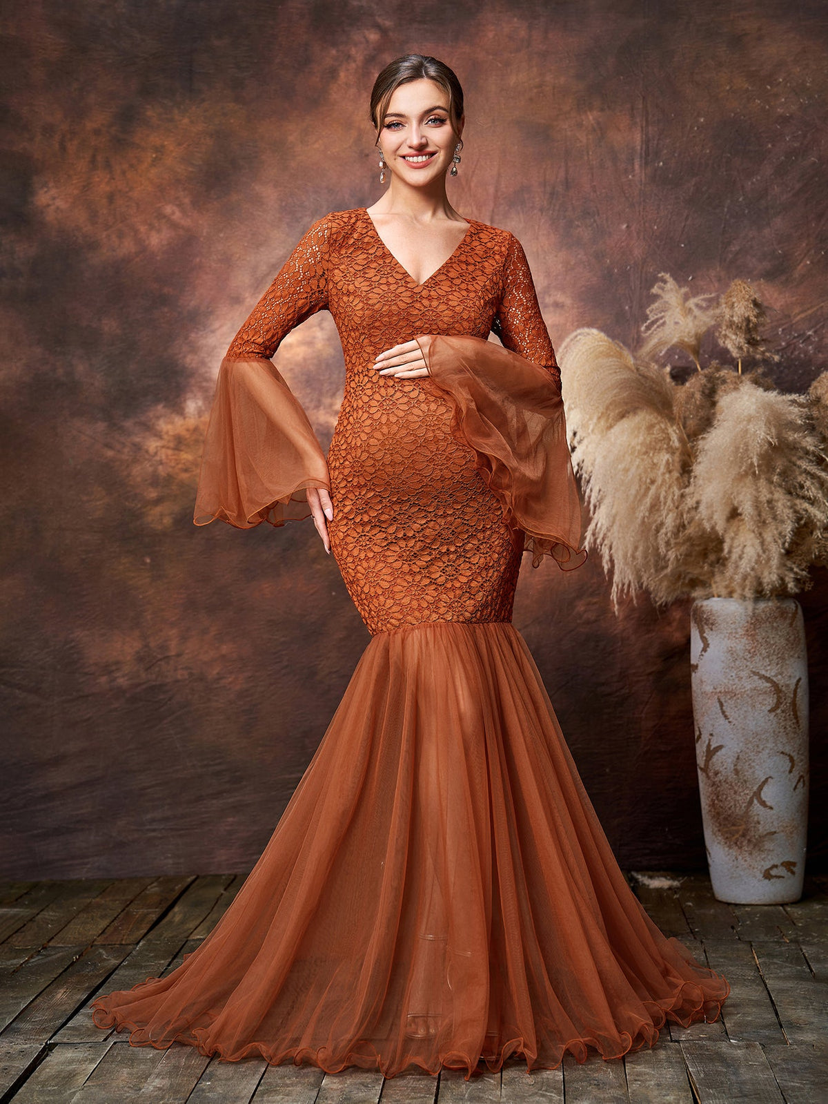 Maternity V Neck Flared Sleeves Mesh Contrast Lace Evening Dress