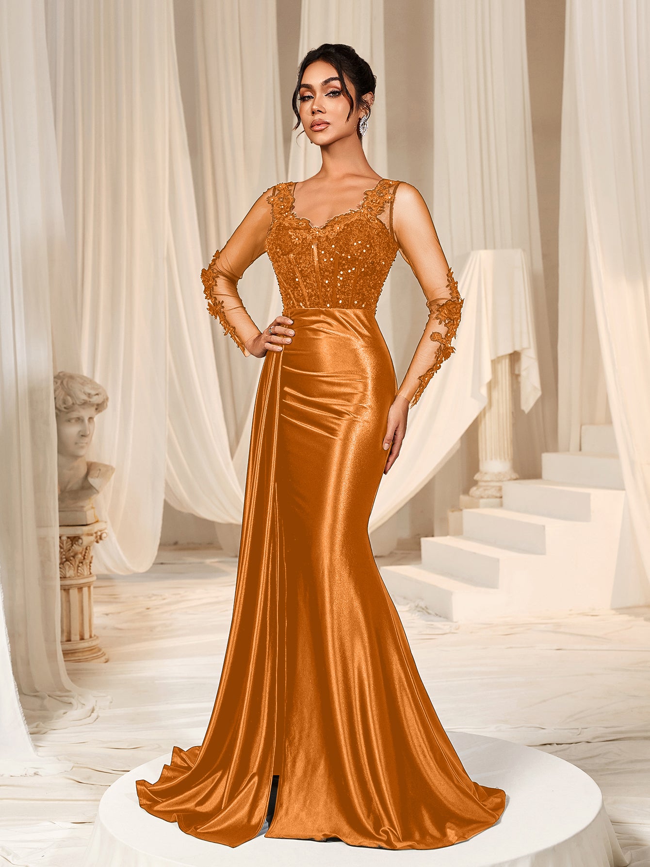 Elegant Sequin Bodice Sheer Sleeves Mermaid Hem Satin Evening Dress