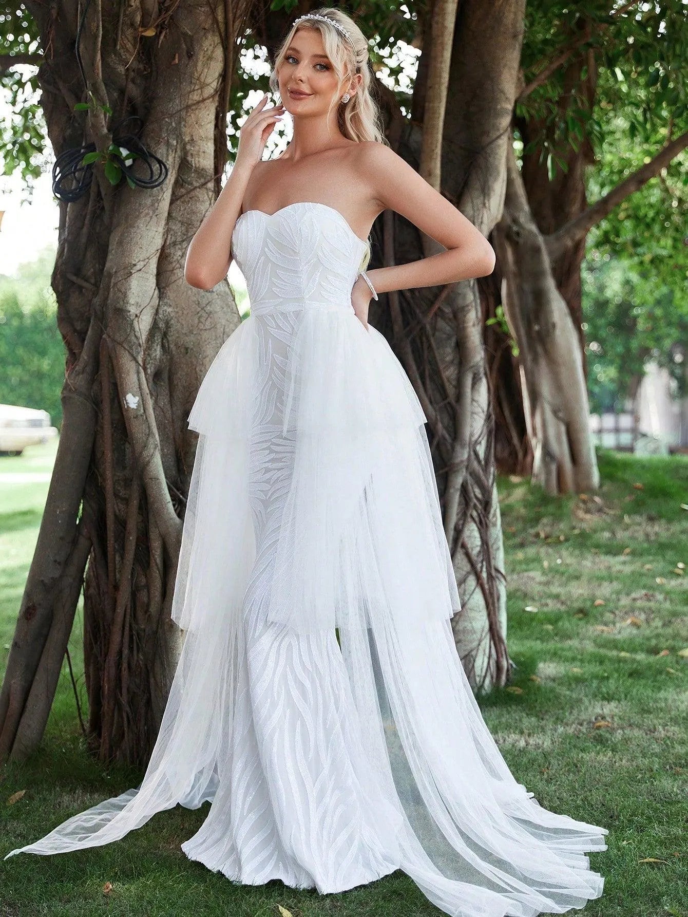 Contrast Mesh Mermaid Hem Sequin Tube Wedding Dress - Elonnashop