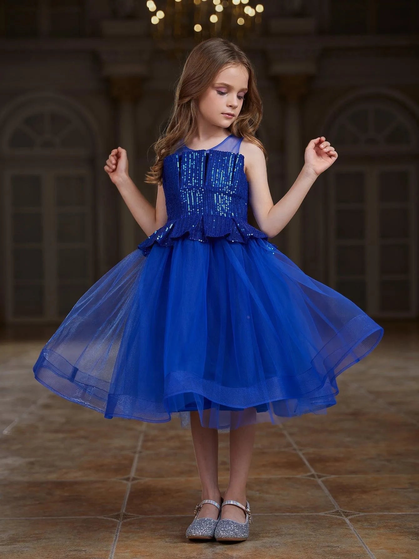 Tween Girls' Contrast Pleated Sequin Mesh Hem Party Dress - Elonnashop