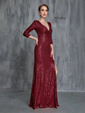 Womens' Plunging Neck Split Sequin Formal Dress - Elonnashop