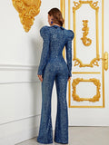 Elegant V Neck Gigot Sleeves Sequin Jumpsuit - Elonnashop