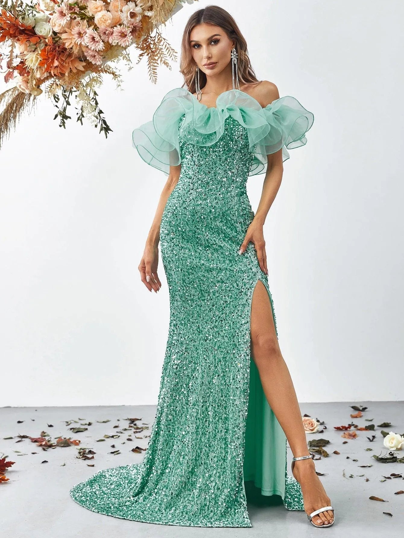 Off Shoulder Ruffle Trim Split Thigh Sequin Mermaid Dress - Elonnashop