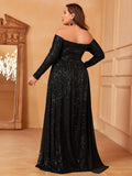 Plus Off Shoulder Draped Side Sequin Formal Dresses - Elonnashop