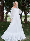 Off Shoulder Lantern Sleeve Mesh Wedding Dress - Elonnashop