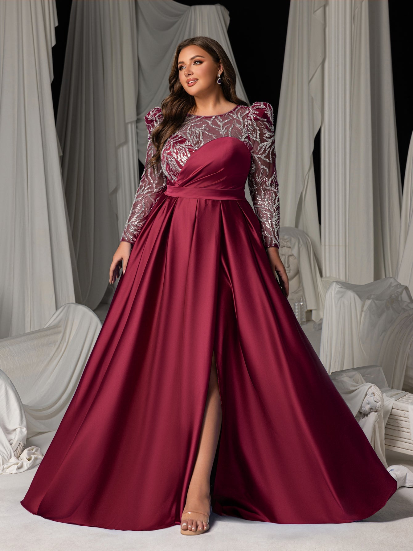 Plus Women's Sequin Bodice Formal Gown | Long Sleeves | Full Flared Skirt
