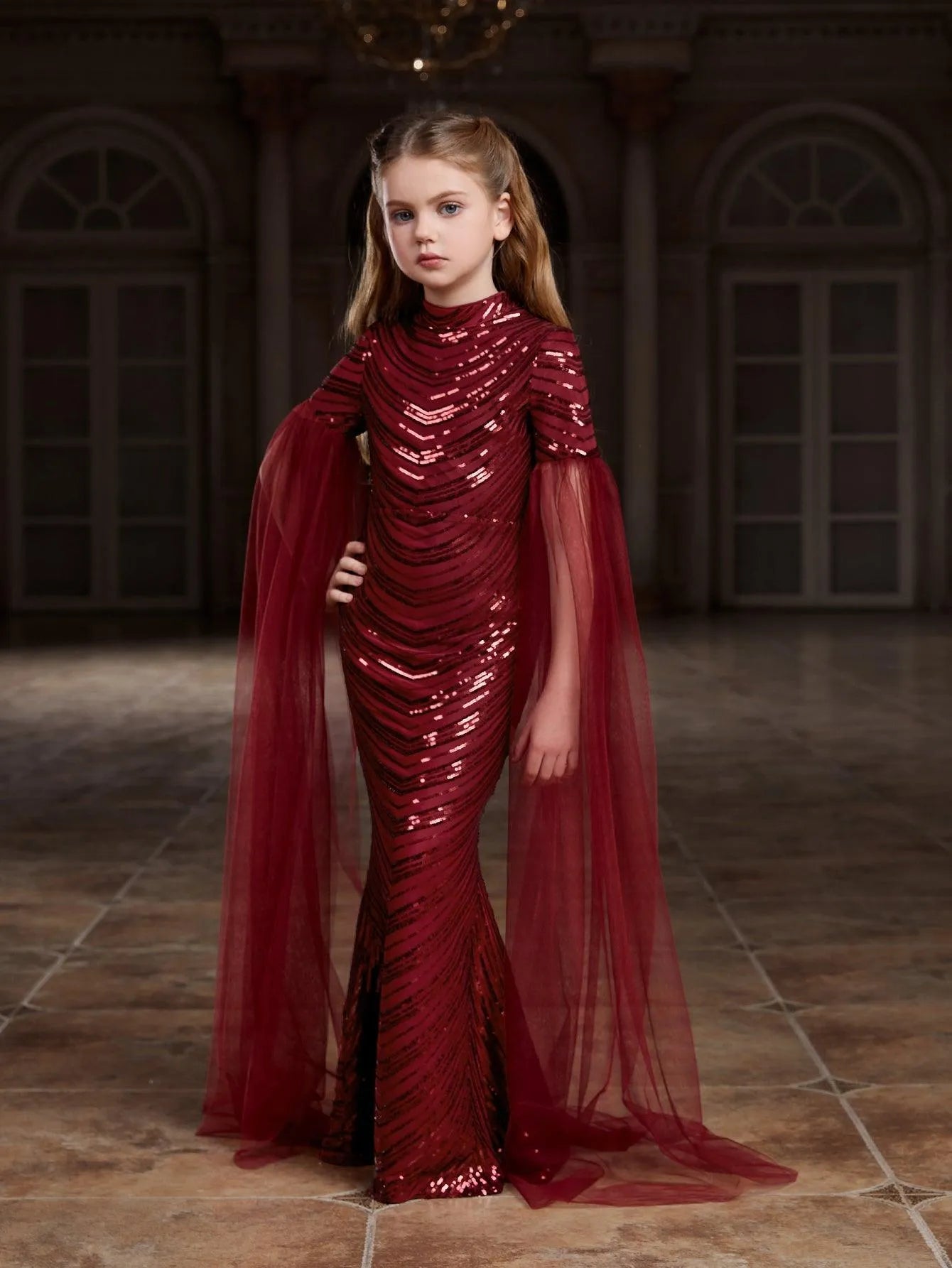 Tween Girls' Cloak Sleeves Sequin Mermaid Dress - Elonnashop