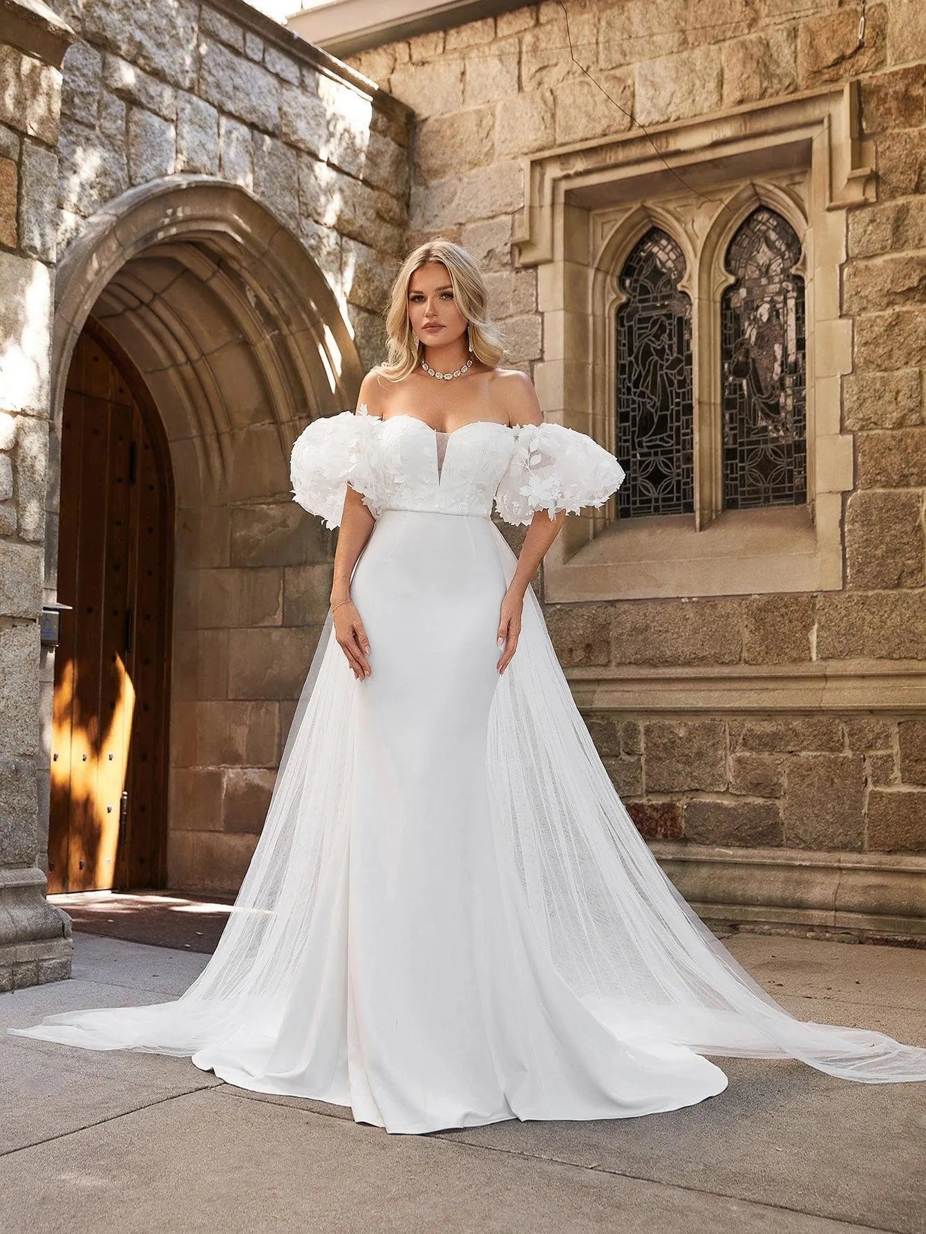 Off Shoulder Puff Sleeves Mesh Overlay Wedding Dress - Elonnashop