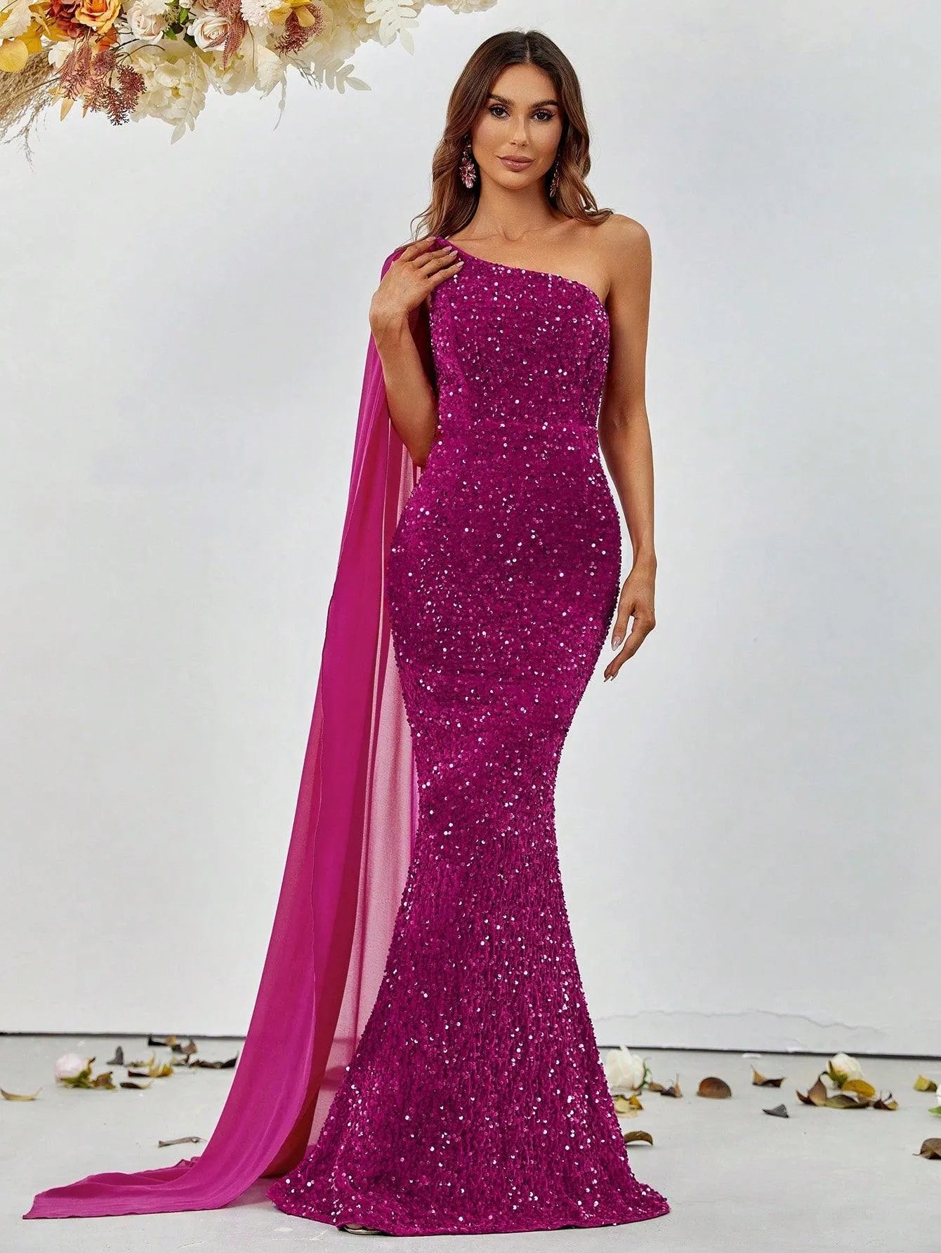 Elegant Sequin One Shoulder Sash Prom Dresses - Elonnashop