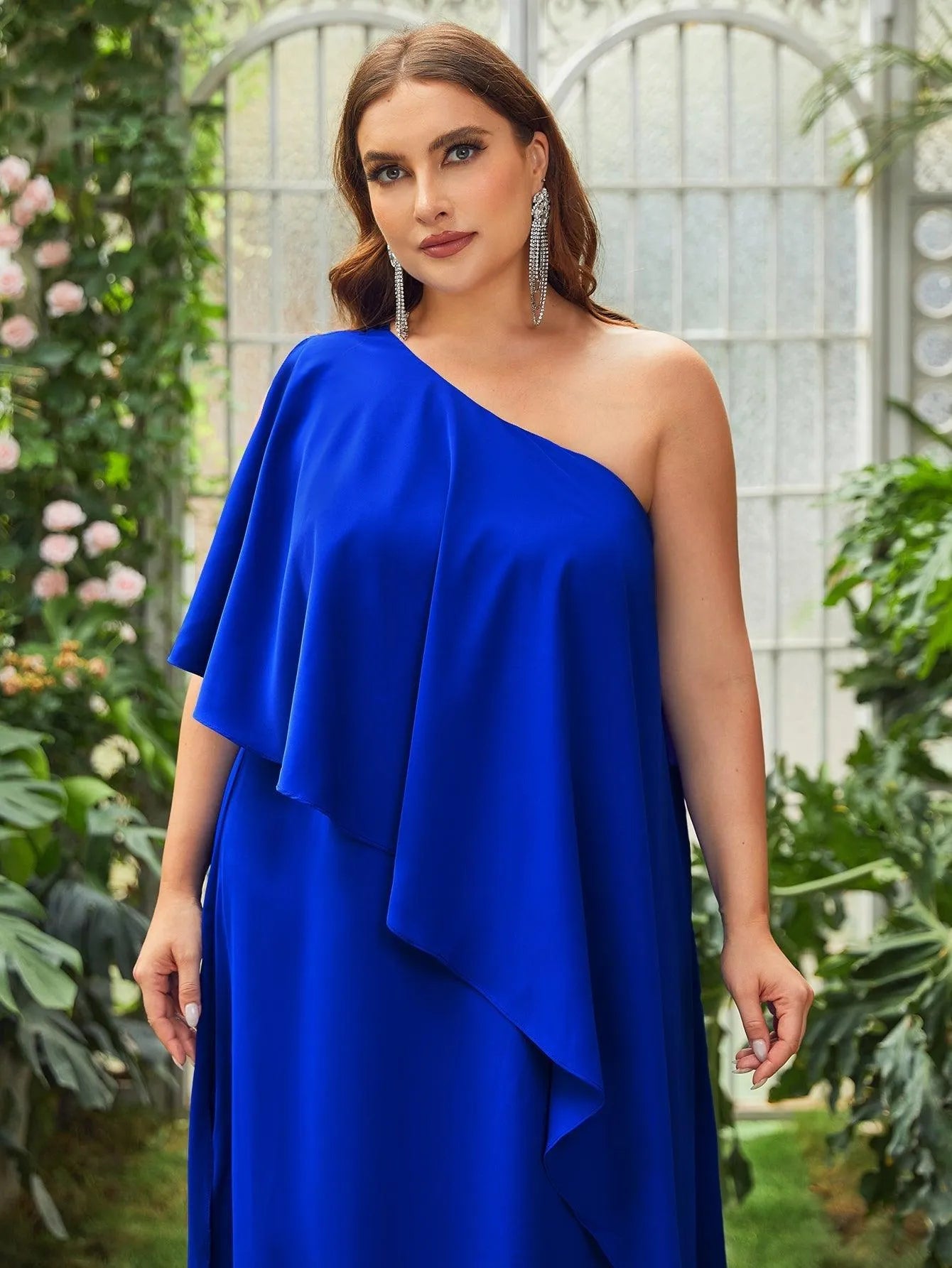 Plus One Shoulder Ruffle Trim Chiffon Dress - Elonnashop