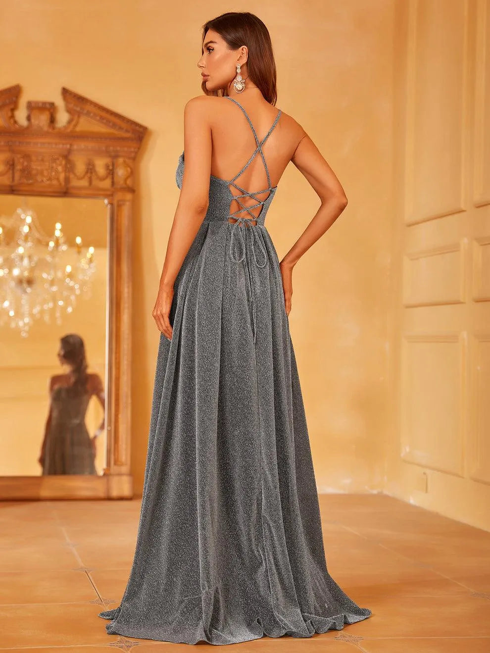 Glitter Backless Lace Up A Line Cami Party Dress - Elonnashop