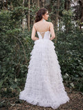 Gorgeous Lace Up Back Cascading Ruffle Hem Slip Wedding Dress - Elonnashop