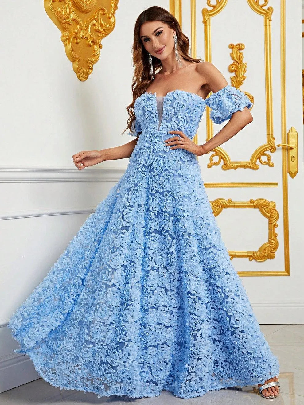 Off Shoulder 3D Flower A-Line Prom Dress - Elonnashop