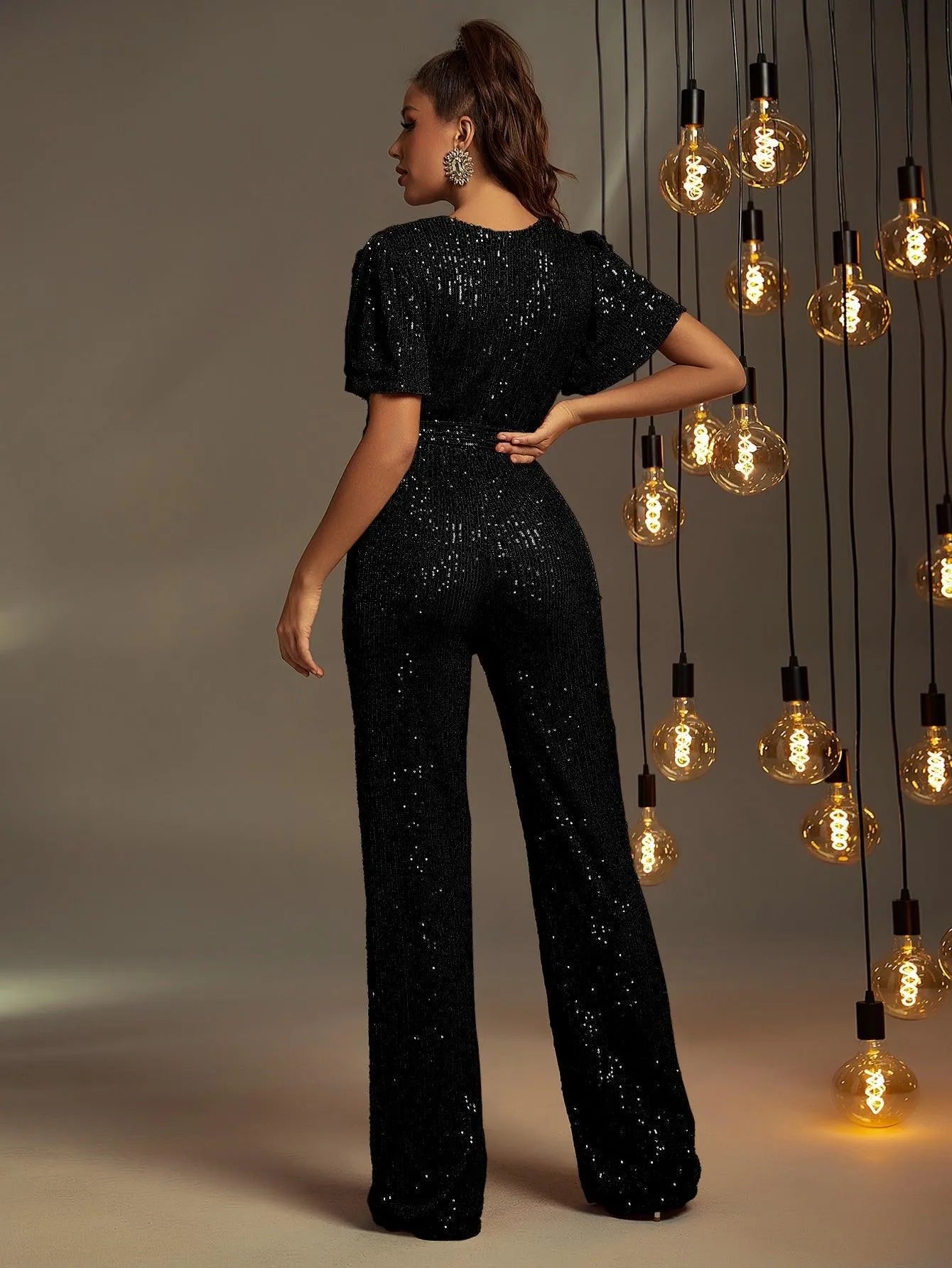 Elegant V Neck Short Sleeve Sequins Jumpsuit - Elonnashop