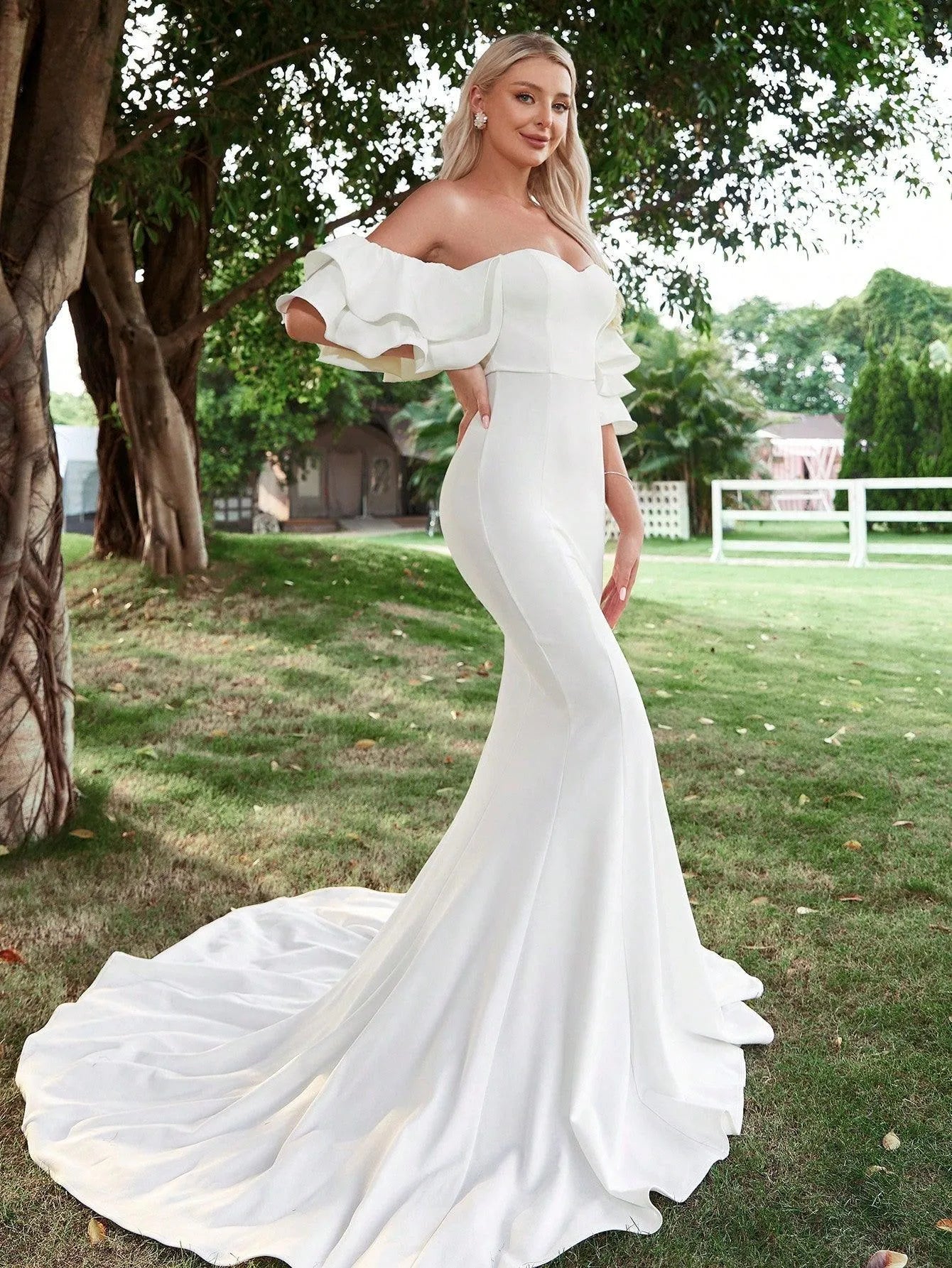 Off Shoulder Ruffle Trim Mermaid Wedding Dress - Elonnashop