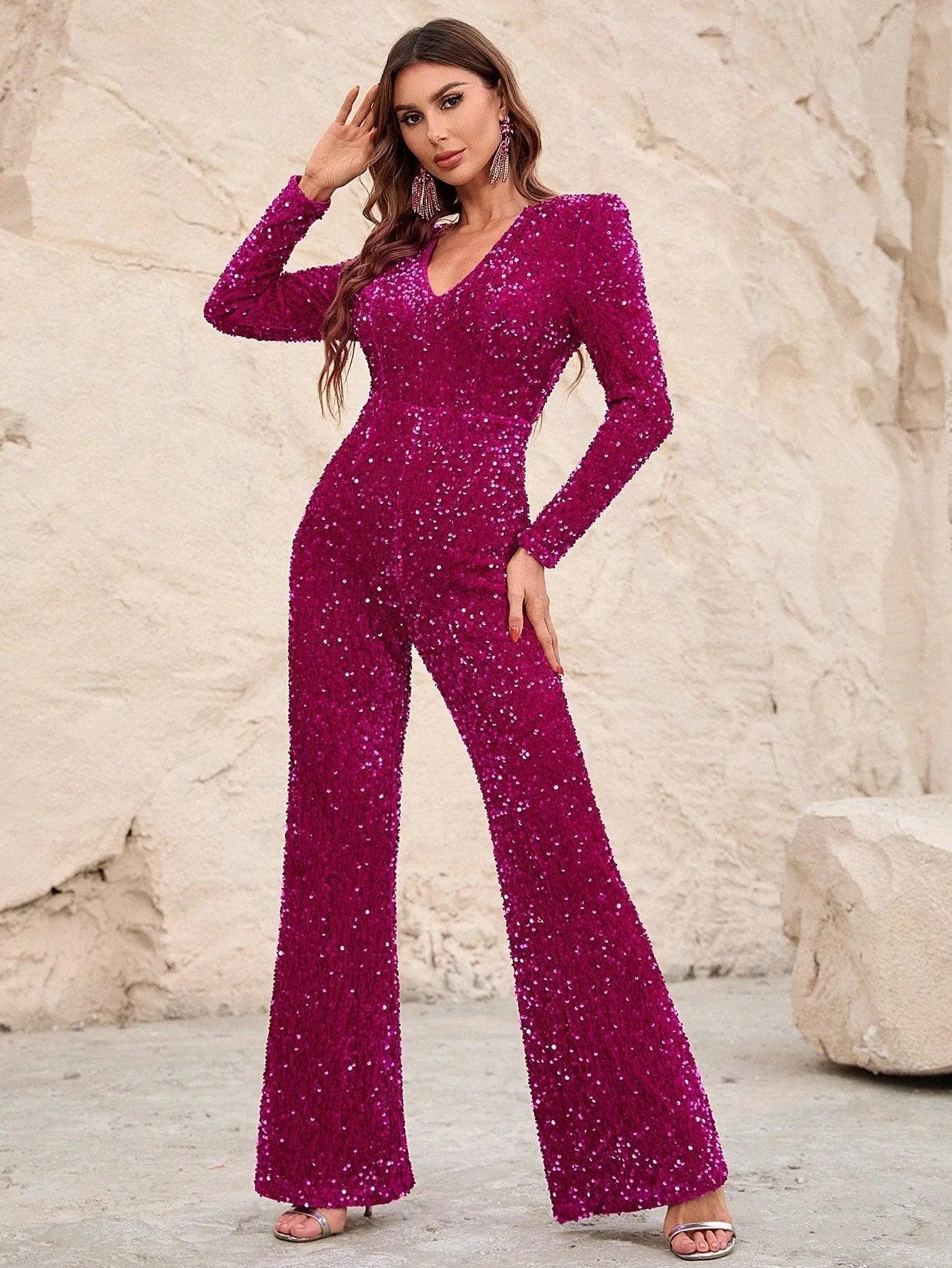 V Neck Long Sleeves Sequin Formal Jumpsuit - Elonnashop