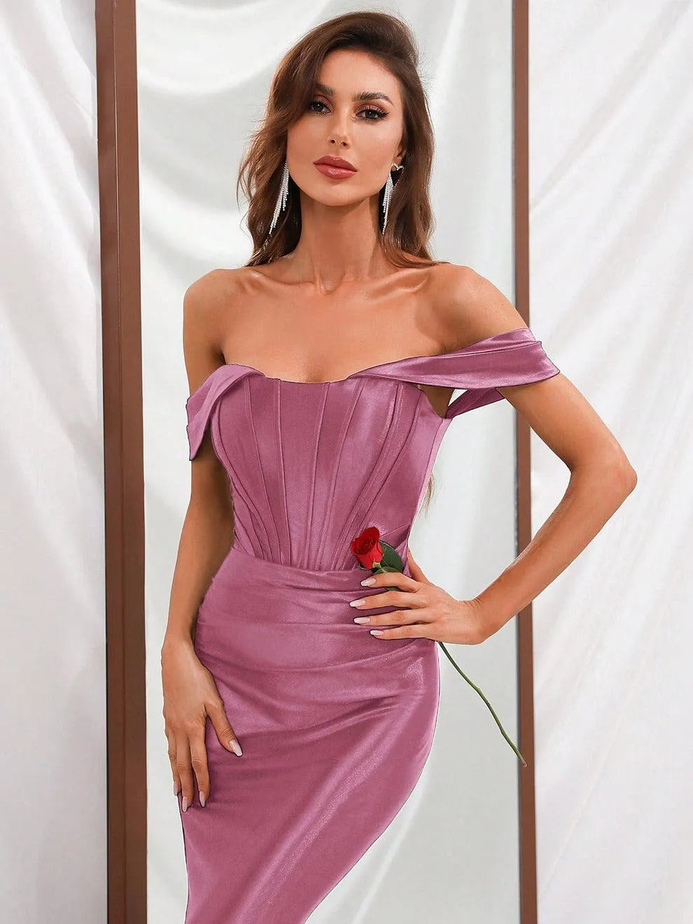 Off Shoulder Mermaid Hem Satin Prom Dress - Elonnashop