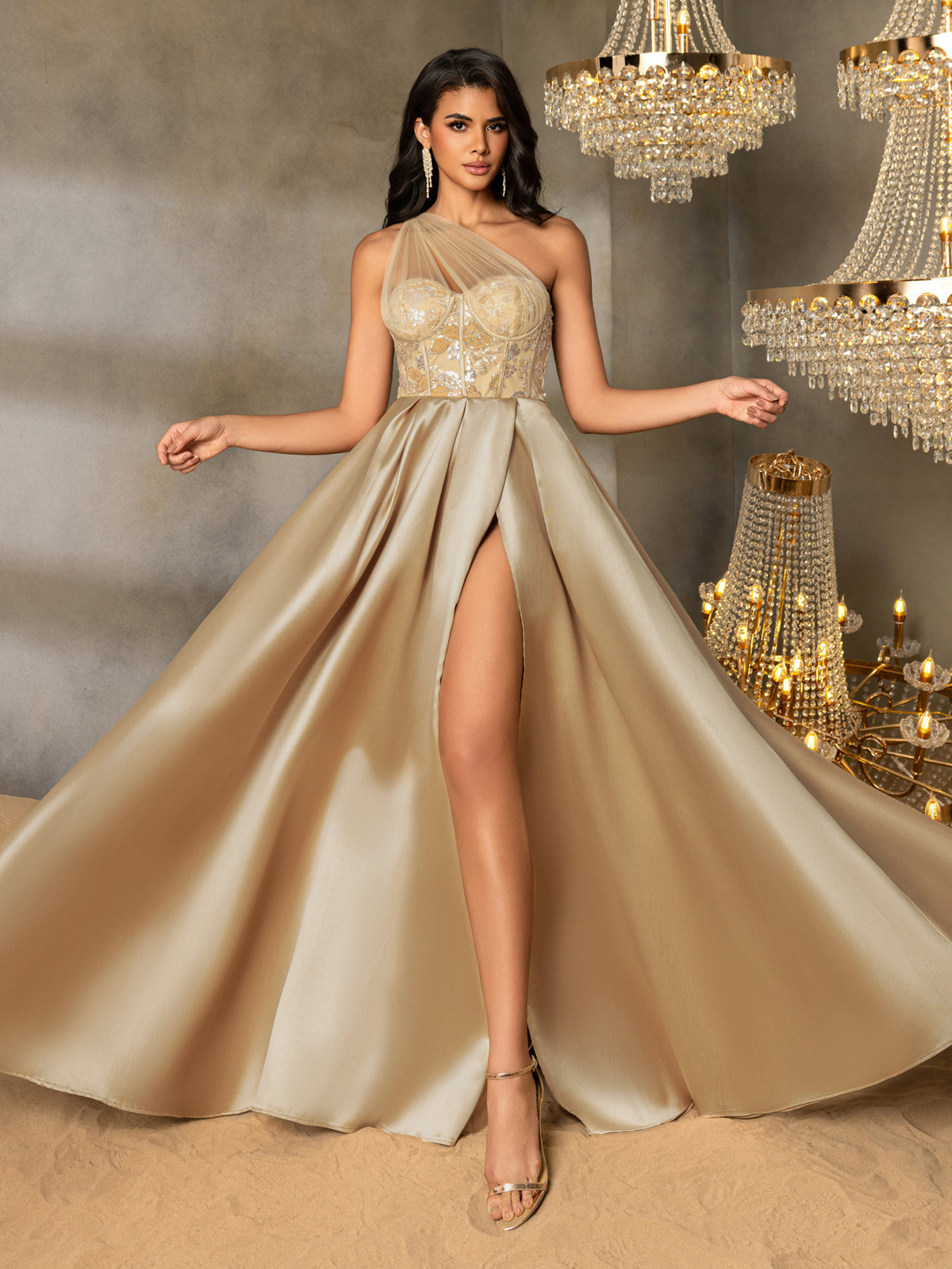 Elegant One-Shoulder Evening Gown with Intricate Floral Embellishments, Satin Skirt, Back Lacing Detail & High Side Slit | Floor-Length Elegant Formal Dress for Galas & Special Occasions