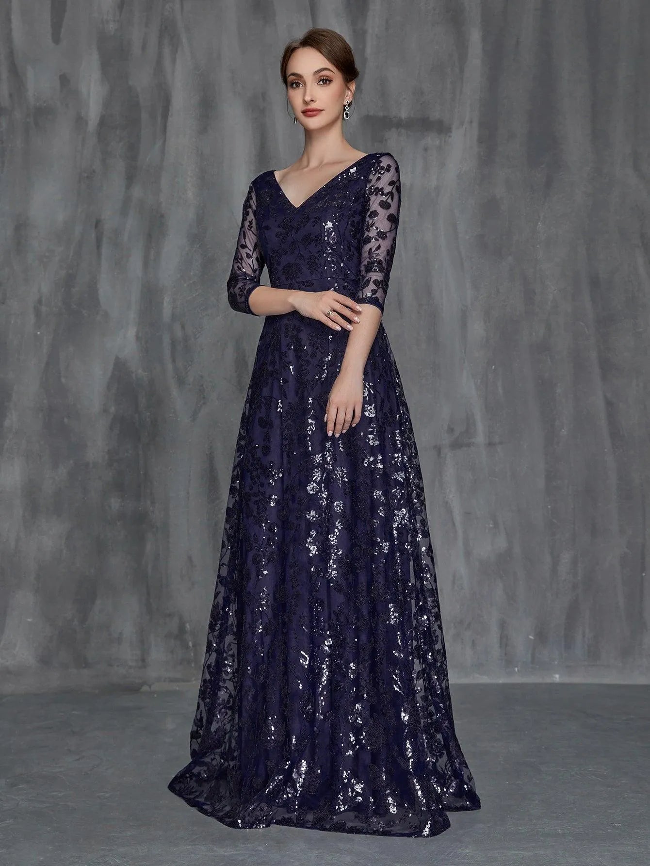 Womens' 3/4 Sleeves Floral Sequin Pattern Formal Dress - Elonnashop