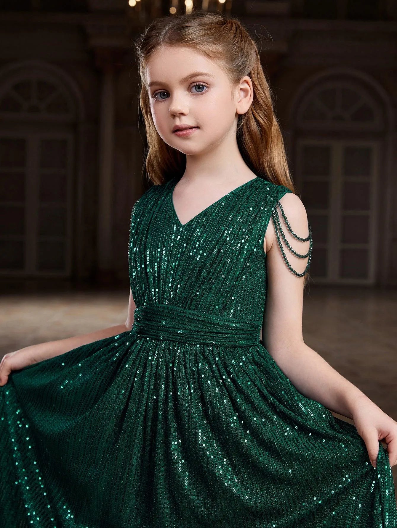 Tween Girls' V Neck Chain Detail Sequin Party Dress - Elonnashop