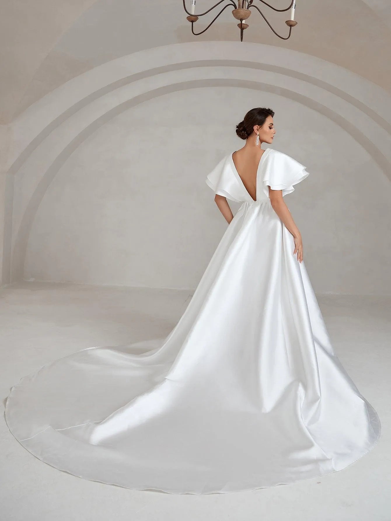 Backless Ruffle Layered Sleeve Wedding Dress - Elonnashop