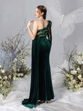 Maternity One Shoulder Split Mermaid Hem Contrast Sequin Velvet Evening Dress