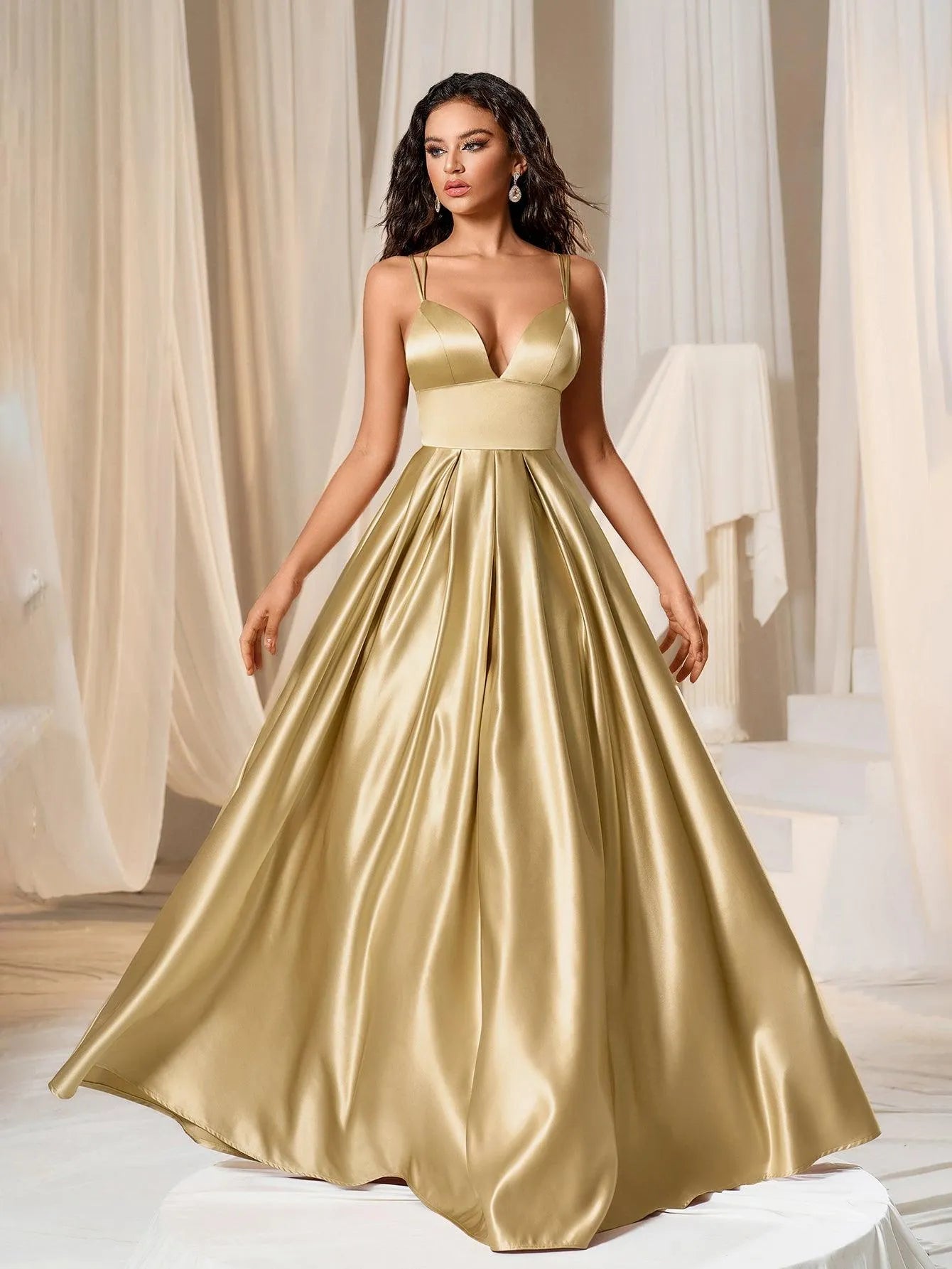 Plunging Neck Floor Length Satin Cami Party Dress - Elonnashop