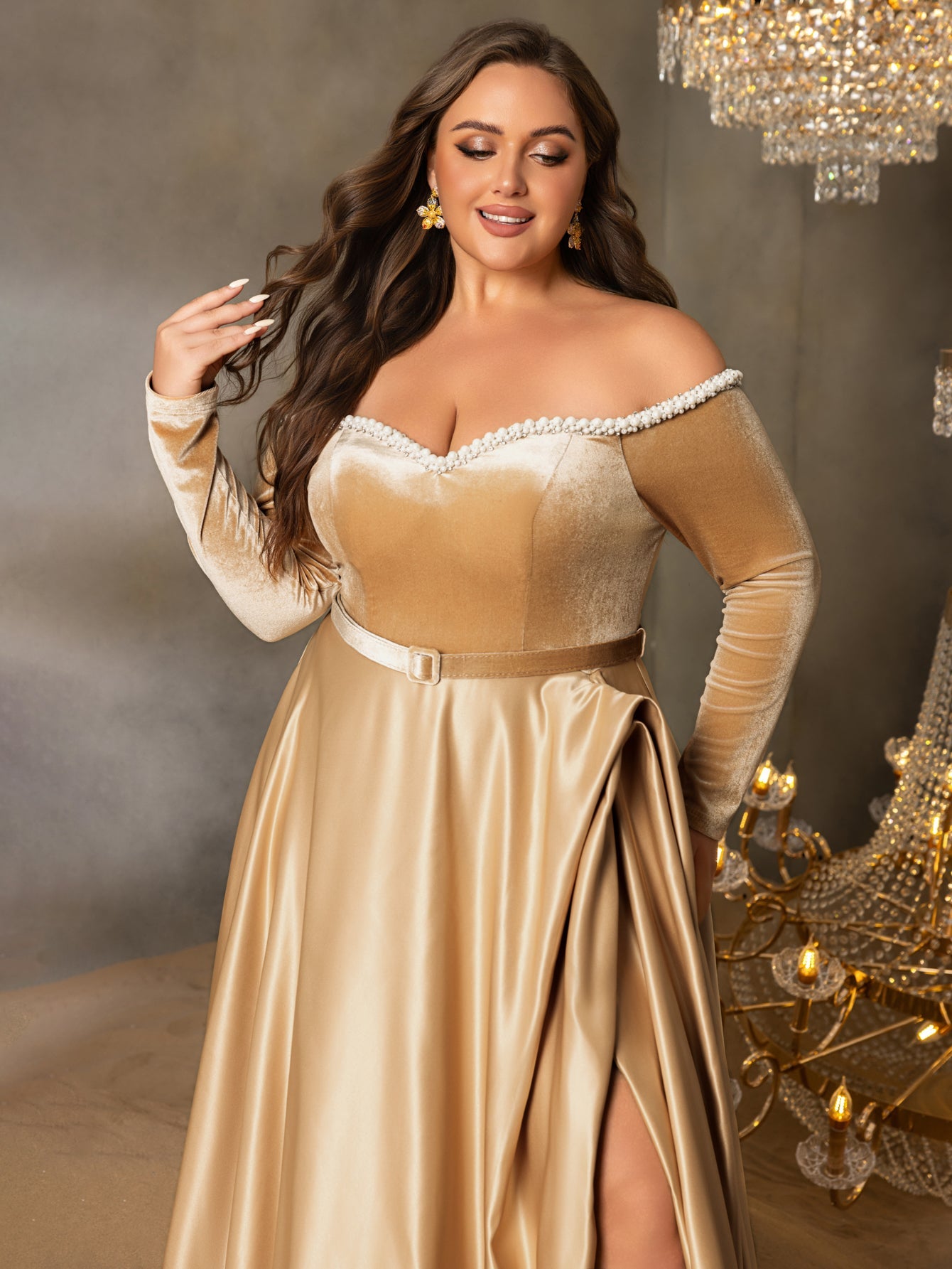 Plus Women's Pearl Accented Off-The-Shoulder Formal Gown | Long Sleeves | Defined Waist Belt | Full Flared Skirt