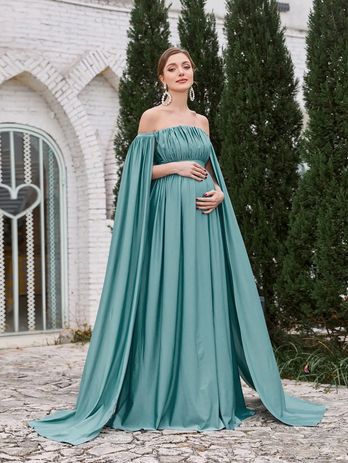 Maternity Off Shoulder Cape Sleeves Maxi Prom Dress - Elonnashop