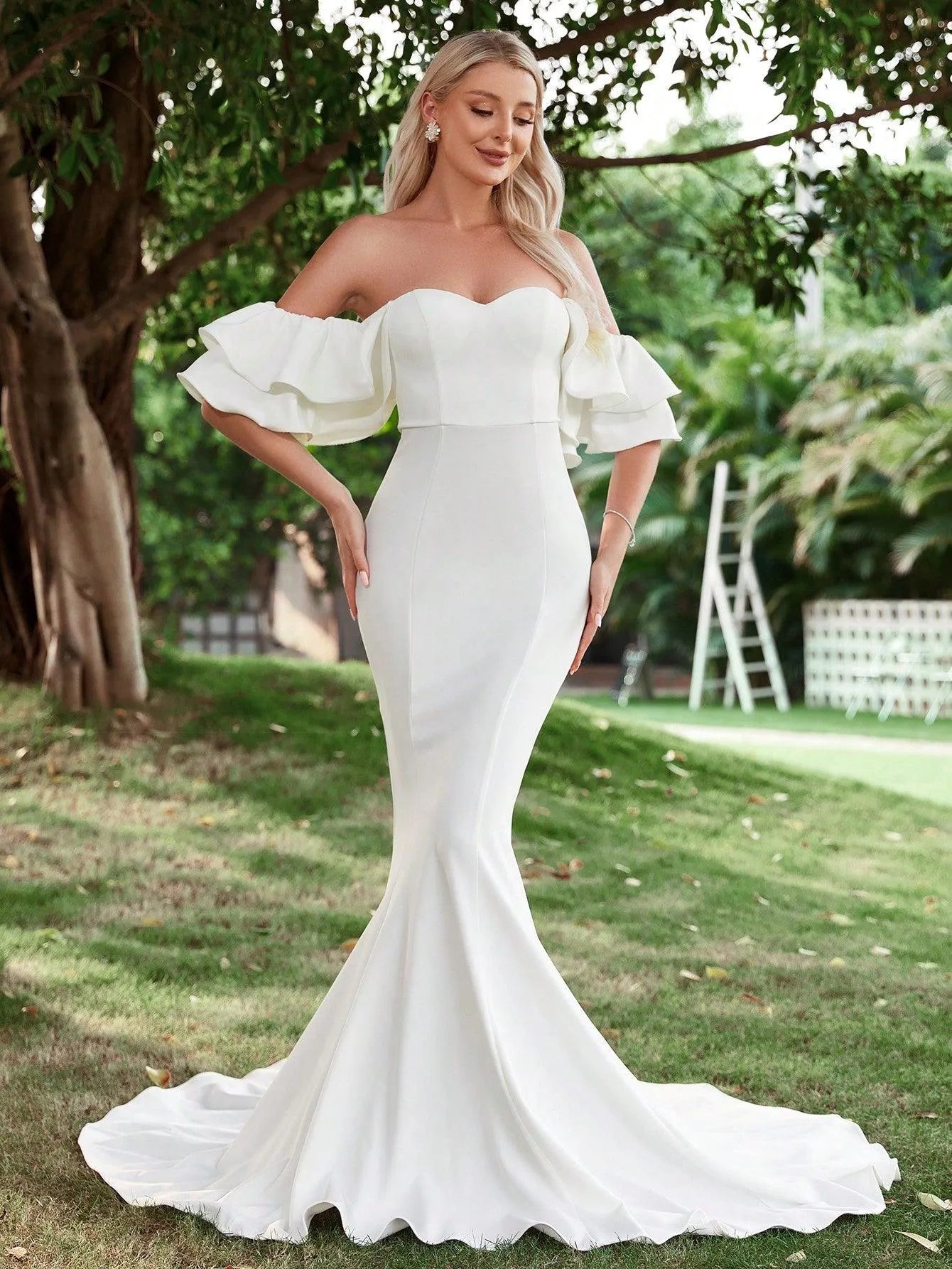 Off Shoulder Ruffle Trim Mermaid Wedding Dress - Elonnashop