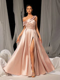 Elegant Sloping Neck Split A-line Satin Formal Prom Dress