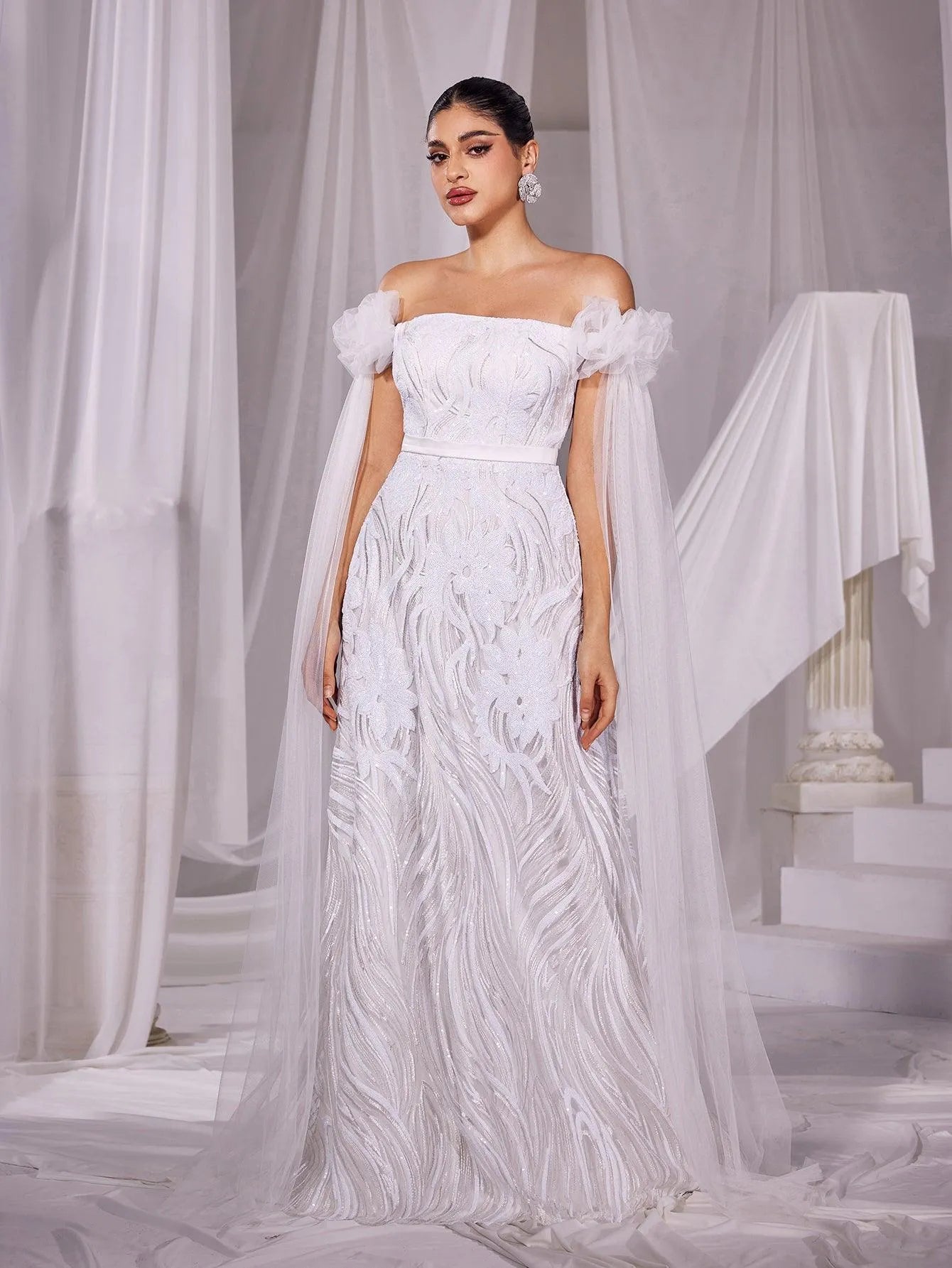 Elegant Off Shoulder Cloak Sleeves Wedding Dress - Elonnashop