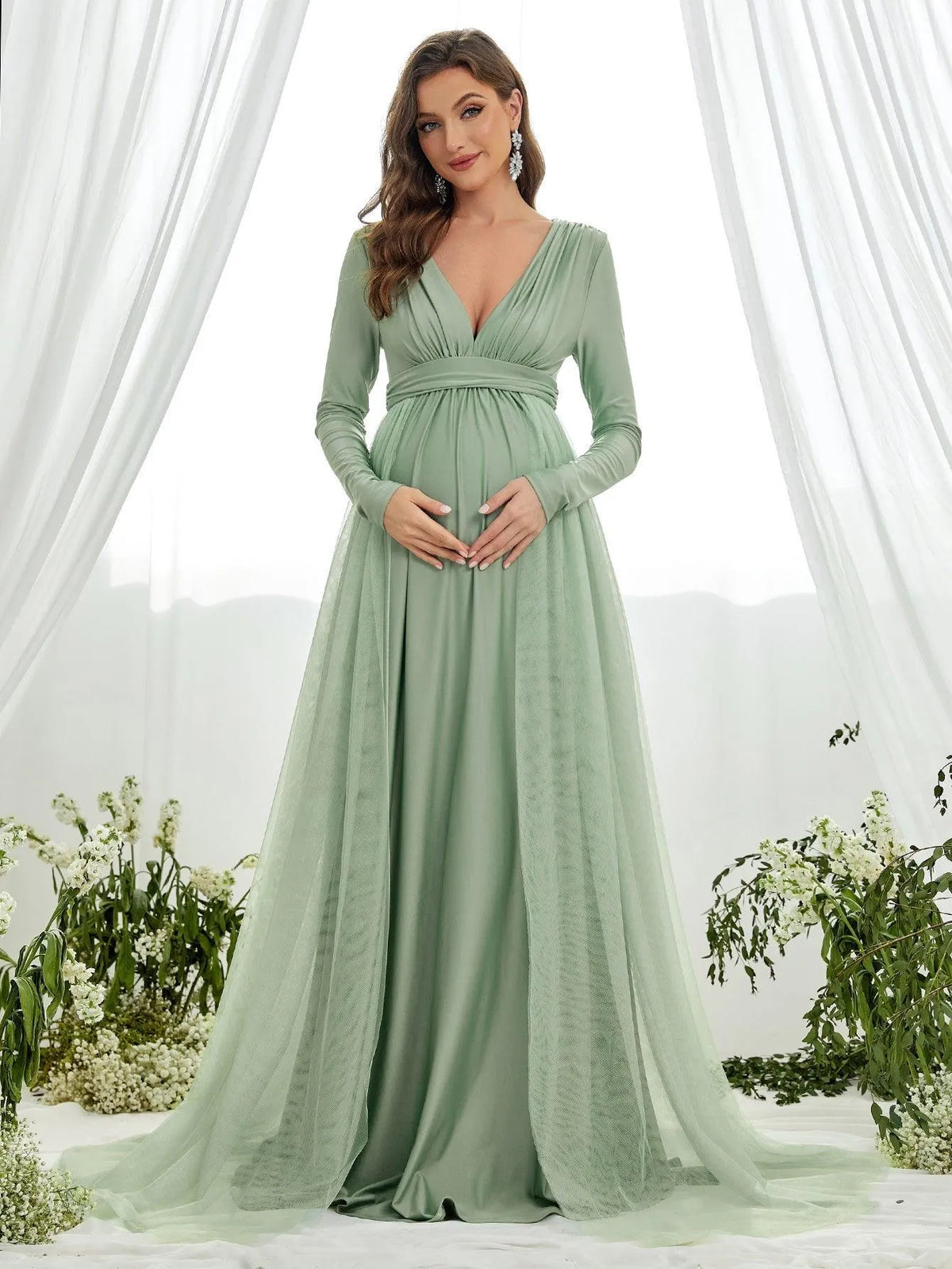 Maternity Plunging Neck Long Sleeve Contrast Mesh Formal Dress - Elonnashop