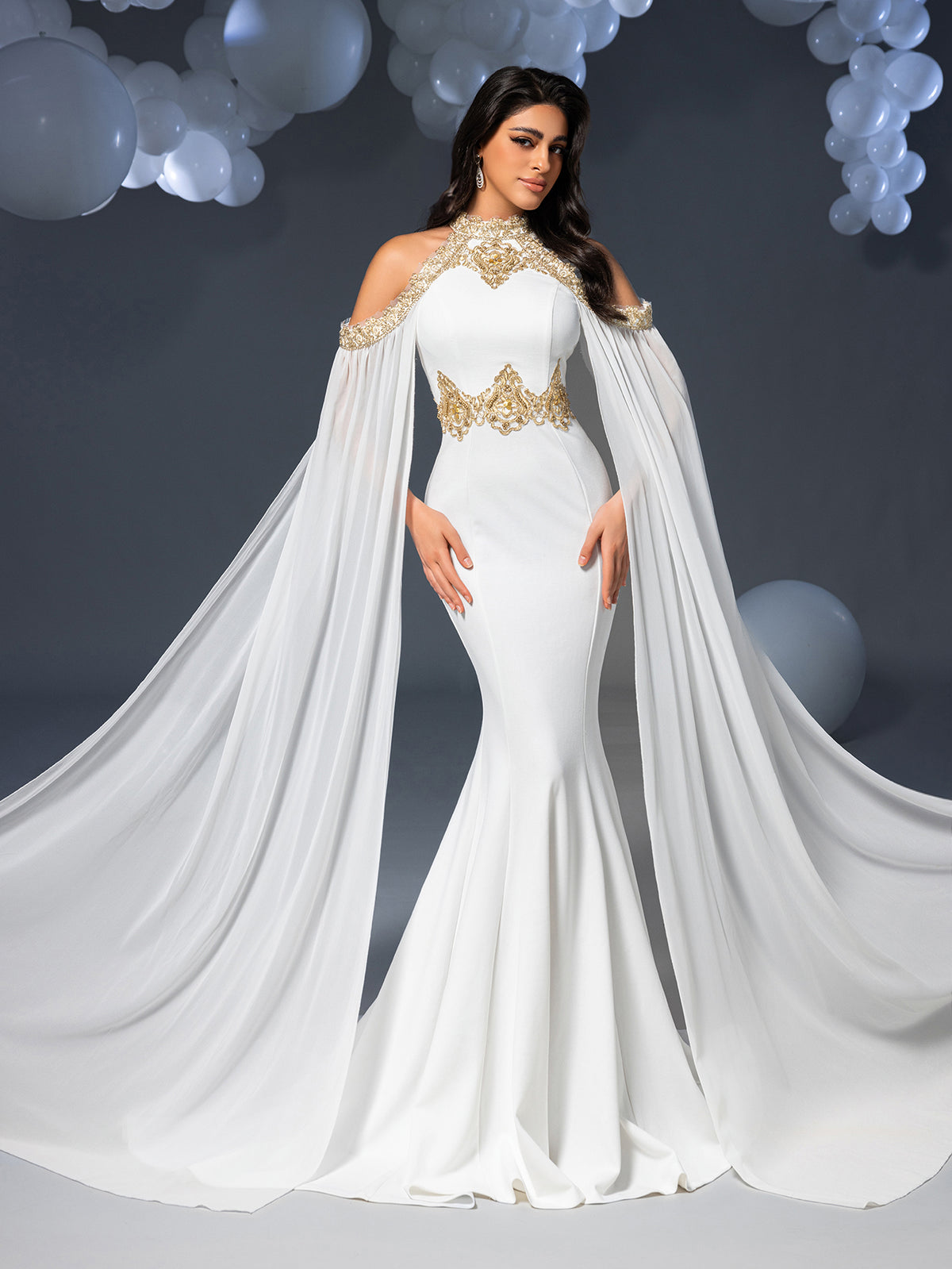 Luxurious Mermaid Gown with Flowing Cape & Gold Embellishments for Red Carpet or Luxury Weddings, XS-XL