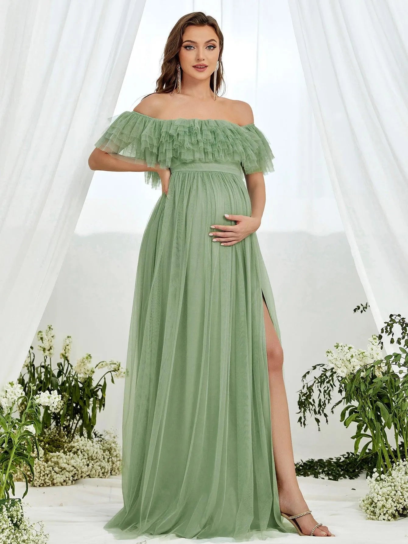 Maternity Off Shoulder Ruffle Trim Mesh Slit Dress - Elonnashop