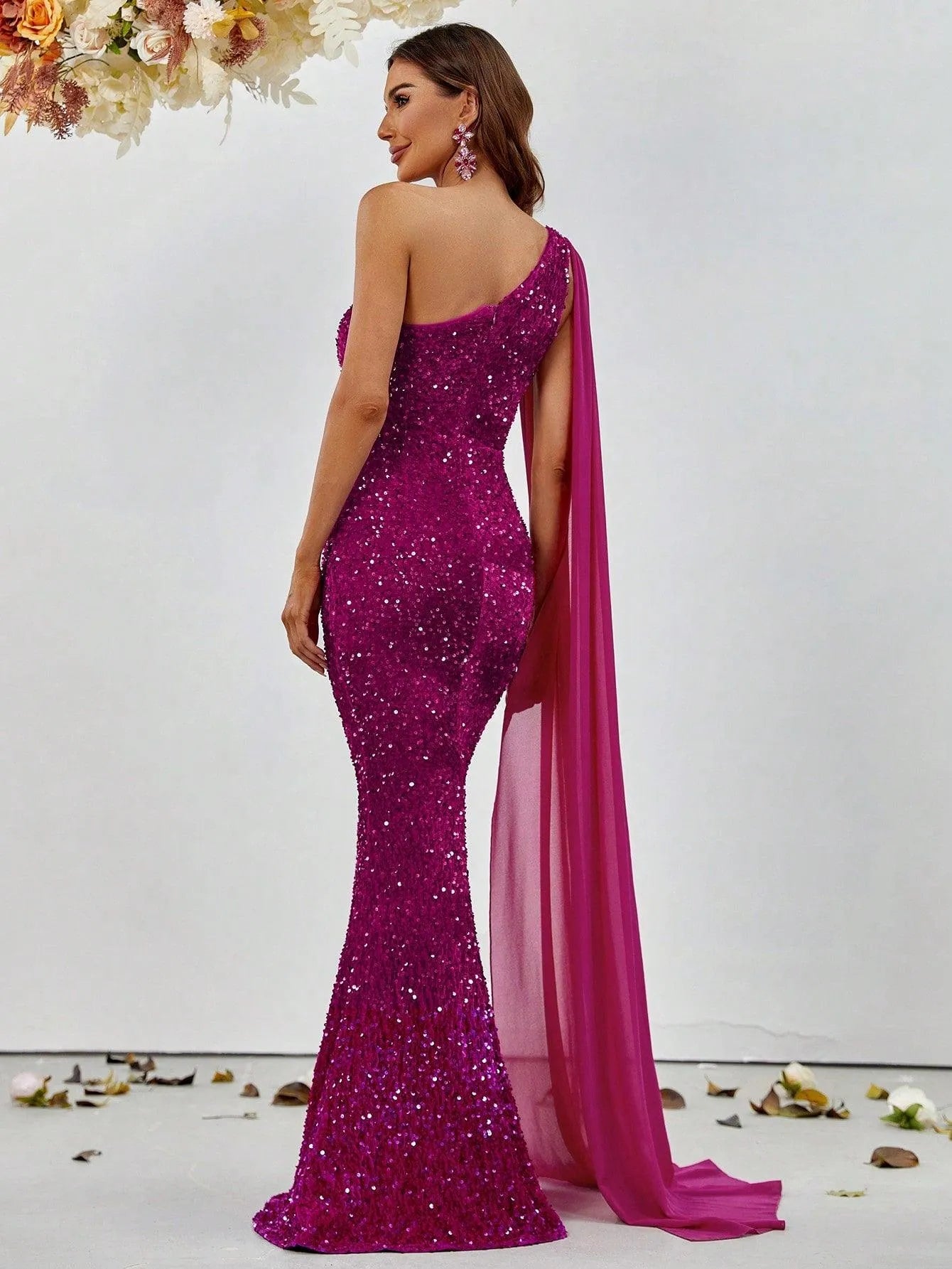 Elegant Sequin One Shoulder Sash Prom Dresses - Elonnashop