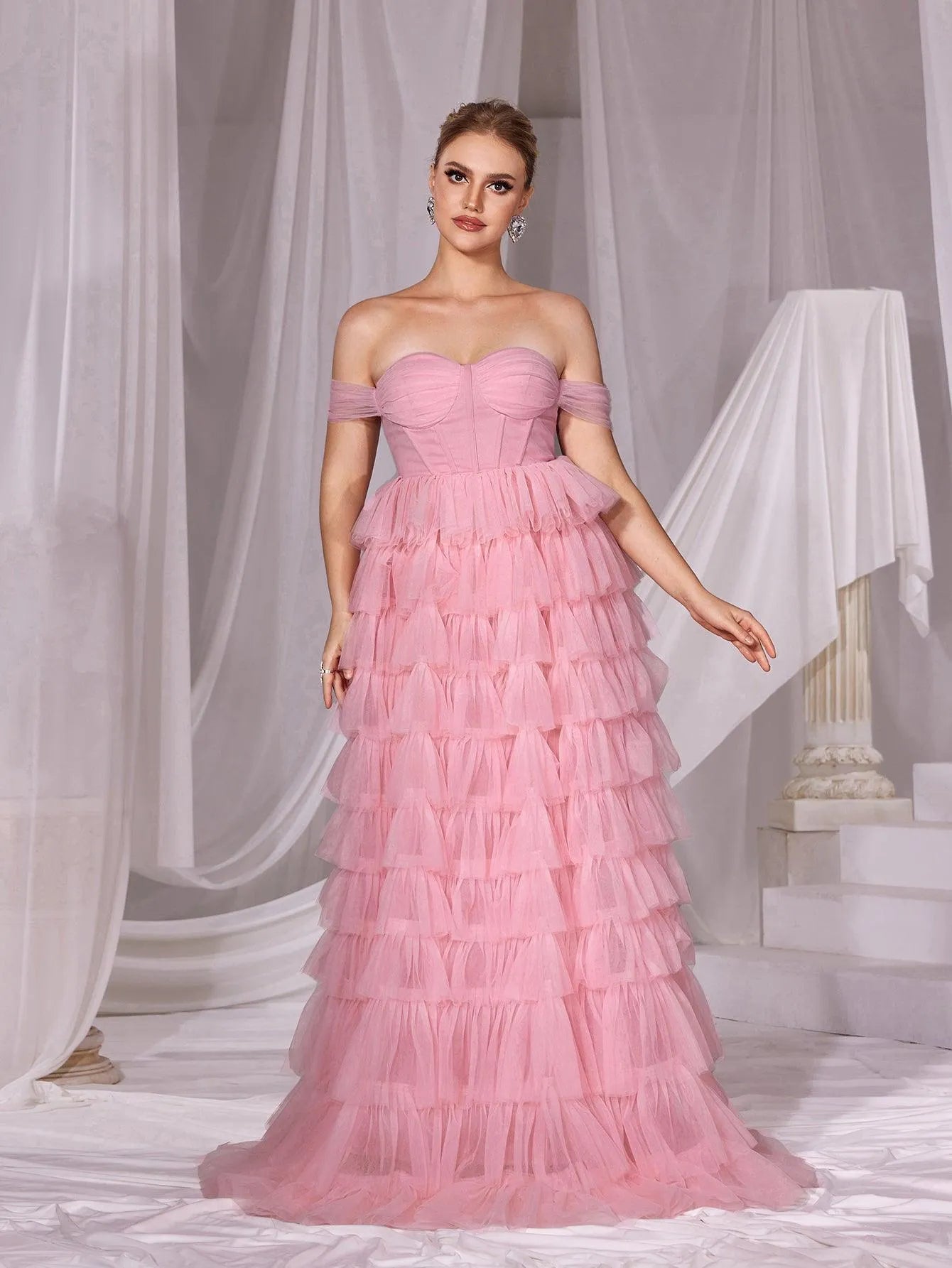 Off Shoulder Mesh Layered Hem Cake Prom Dress - Elonnashop