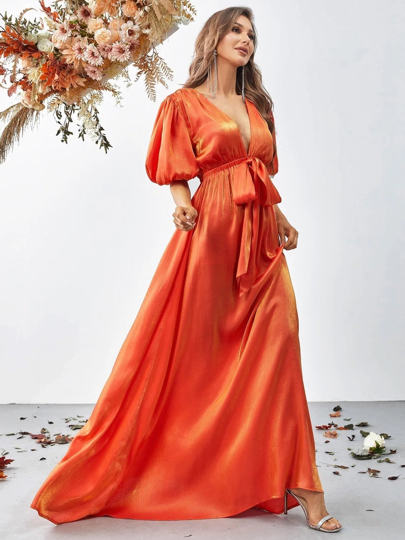 Orange Plunging Neck Puff Sleeve Belted Dress - Elonnashop