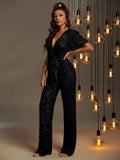 Elegant V Neck Short Sleeve Sequins Jumpsuit - Elonnashop