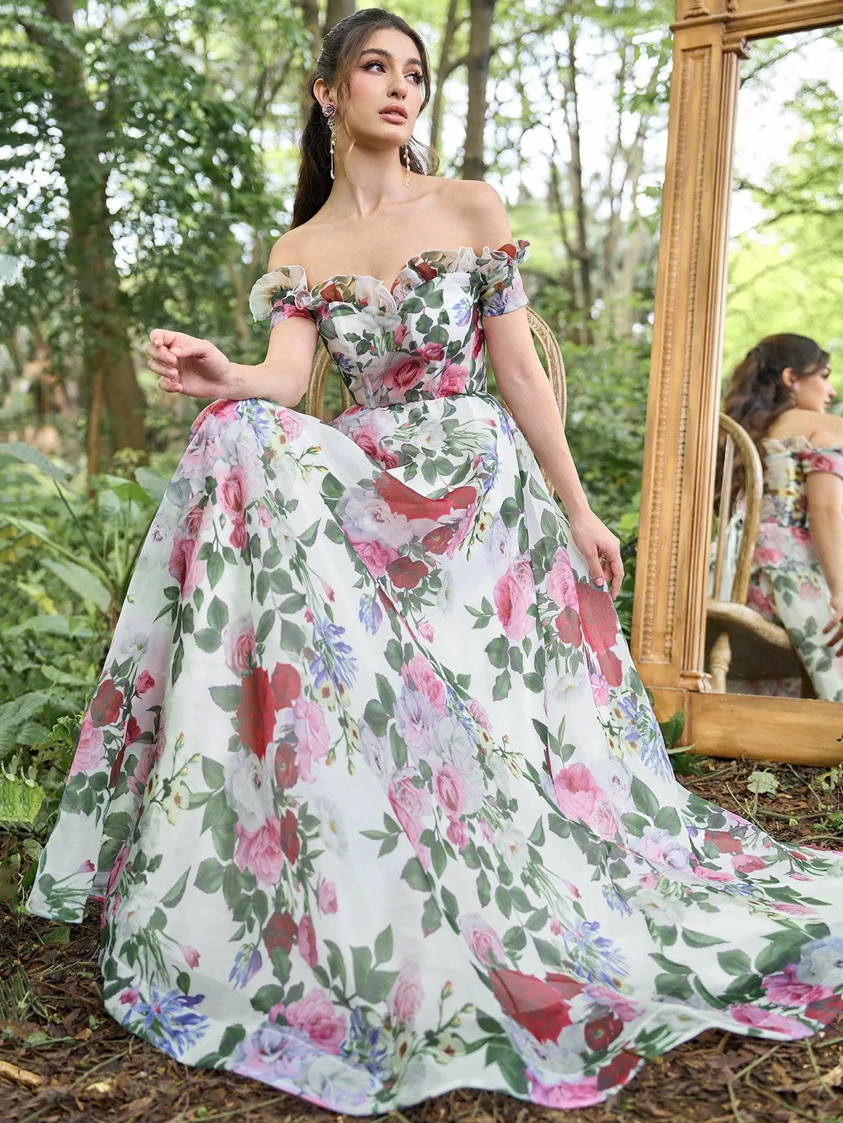 Elegant Floral Organza Ruffle Trim Off Shoulder Prom Dress - Elonnashop