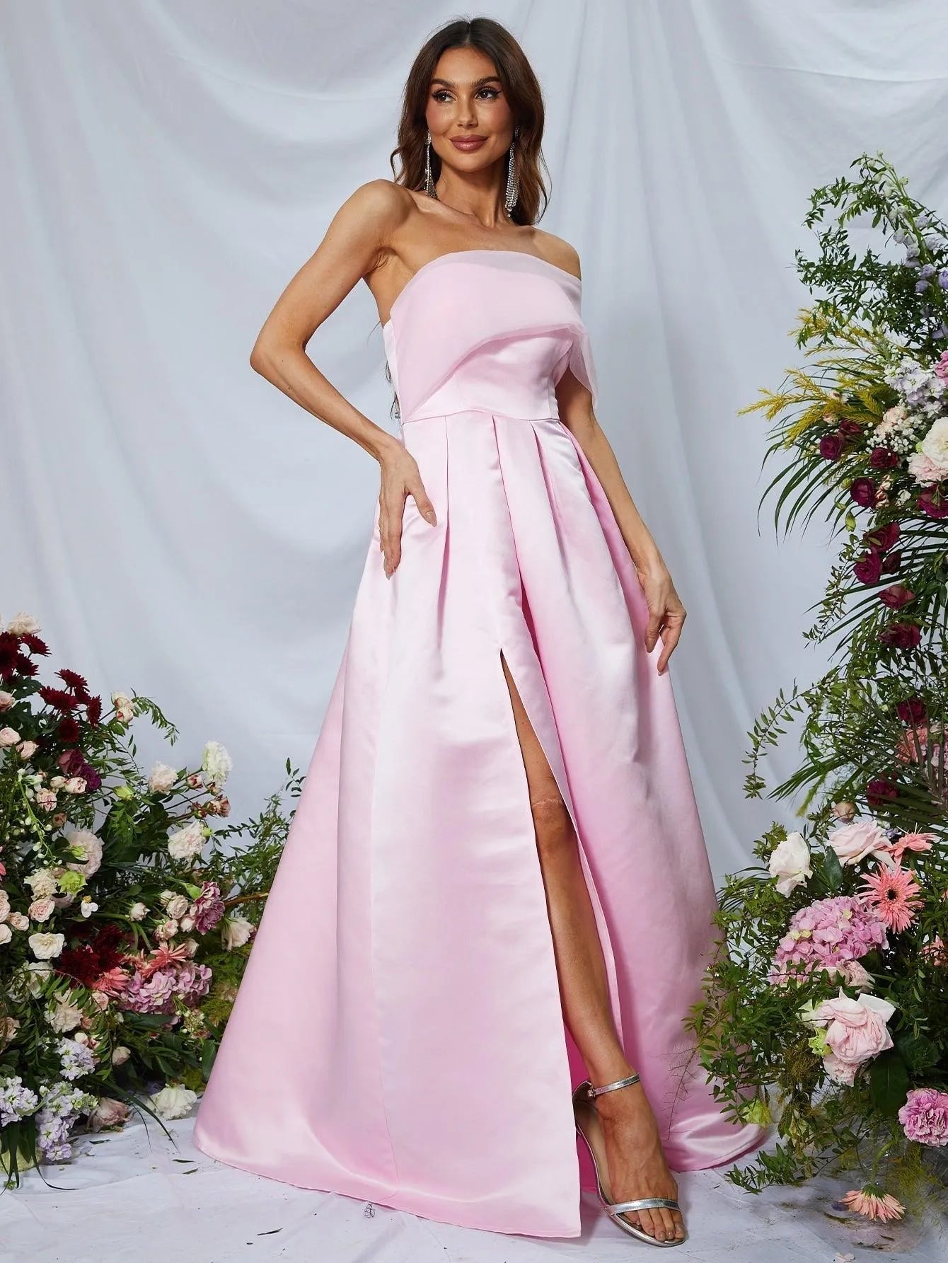 One Shoulder Slit Satin A Line Prom Dress - Elonnashop