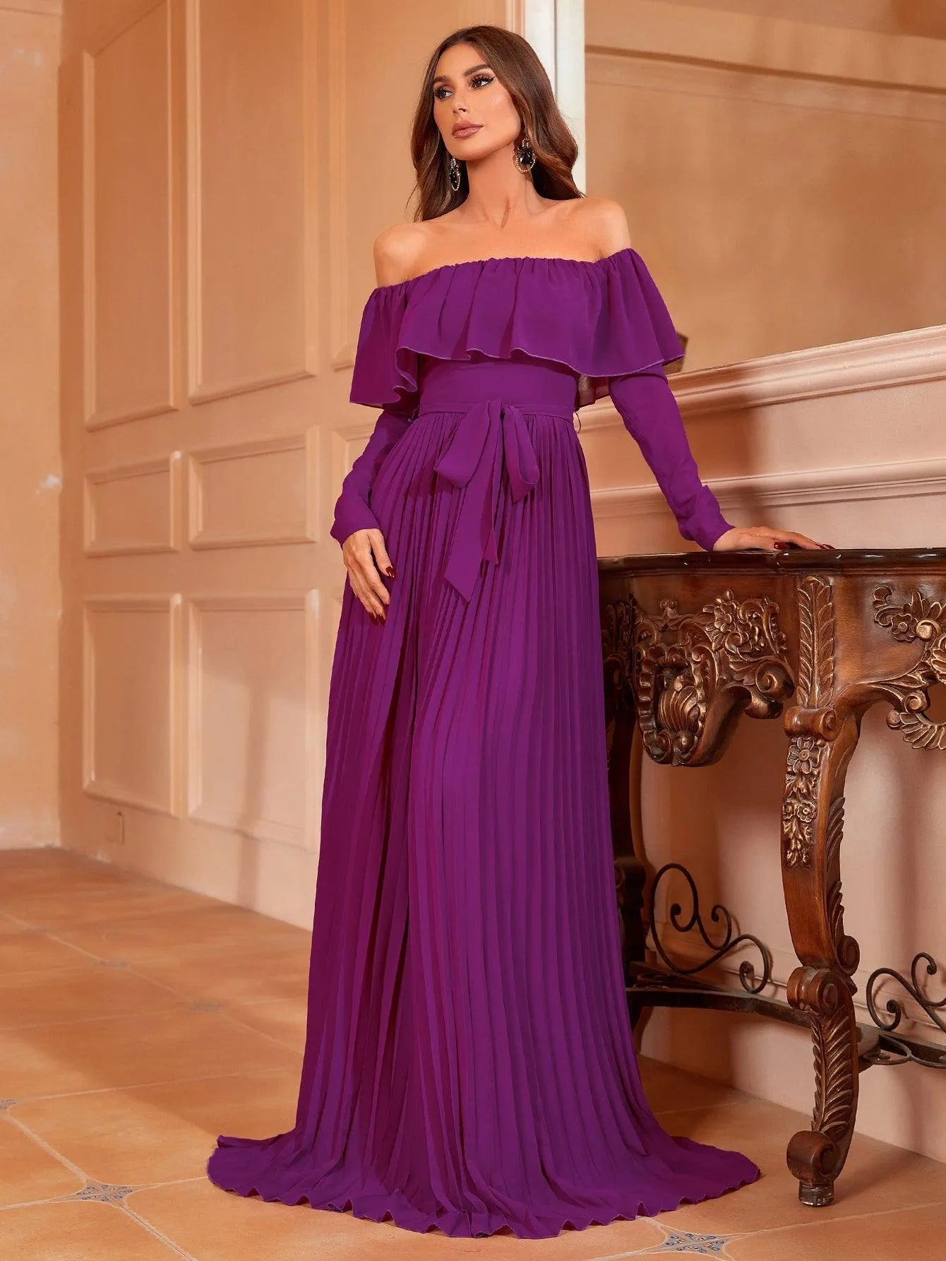 Off Shoulder Pleated Chiffon Belted Dress - Elonnashop