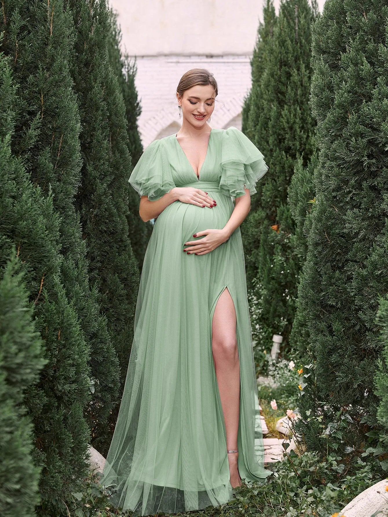 Maternity V Neck Layered Ruffle Sleeves Split Prom Dress - Elonnashop