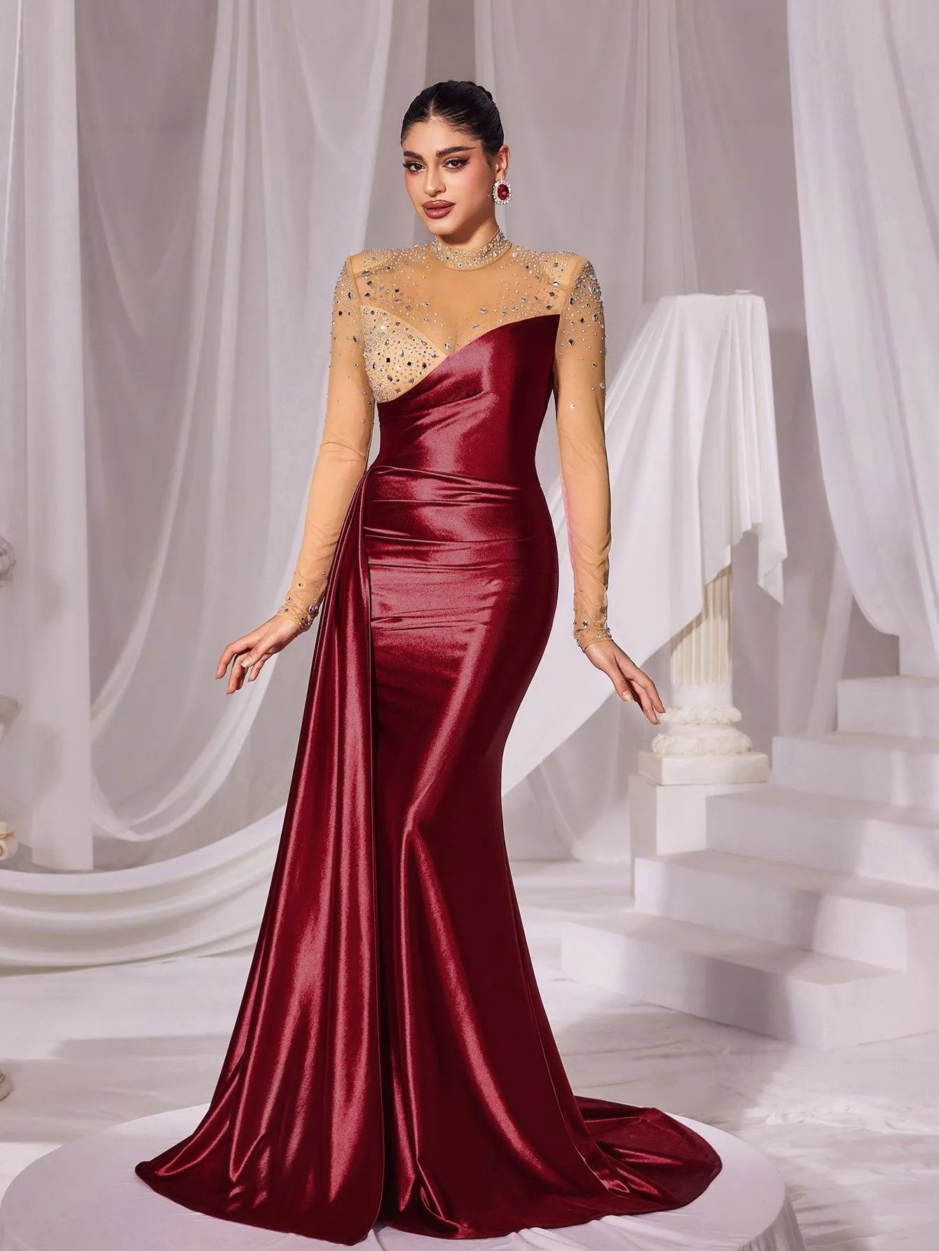 Rhinestone Detail Mock Neck Satin Mermaid Prom Dress - Elonnashop