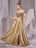 Off Shoulder Contrast Sequin Satin Prom Dress - Elonnashop