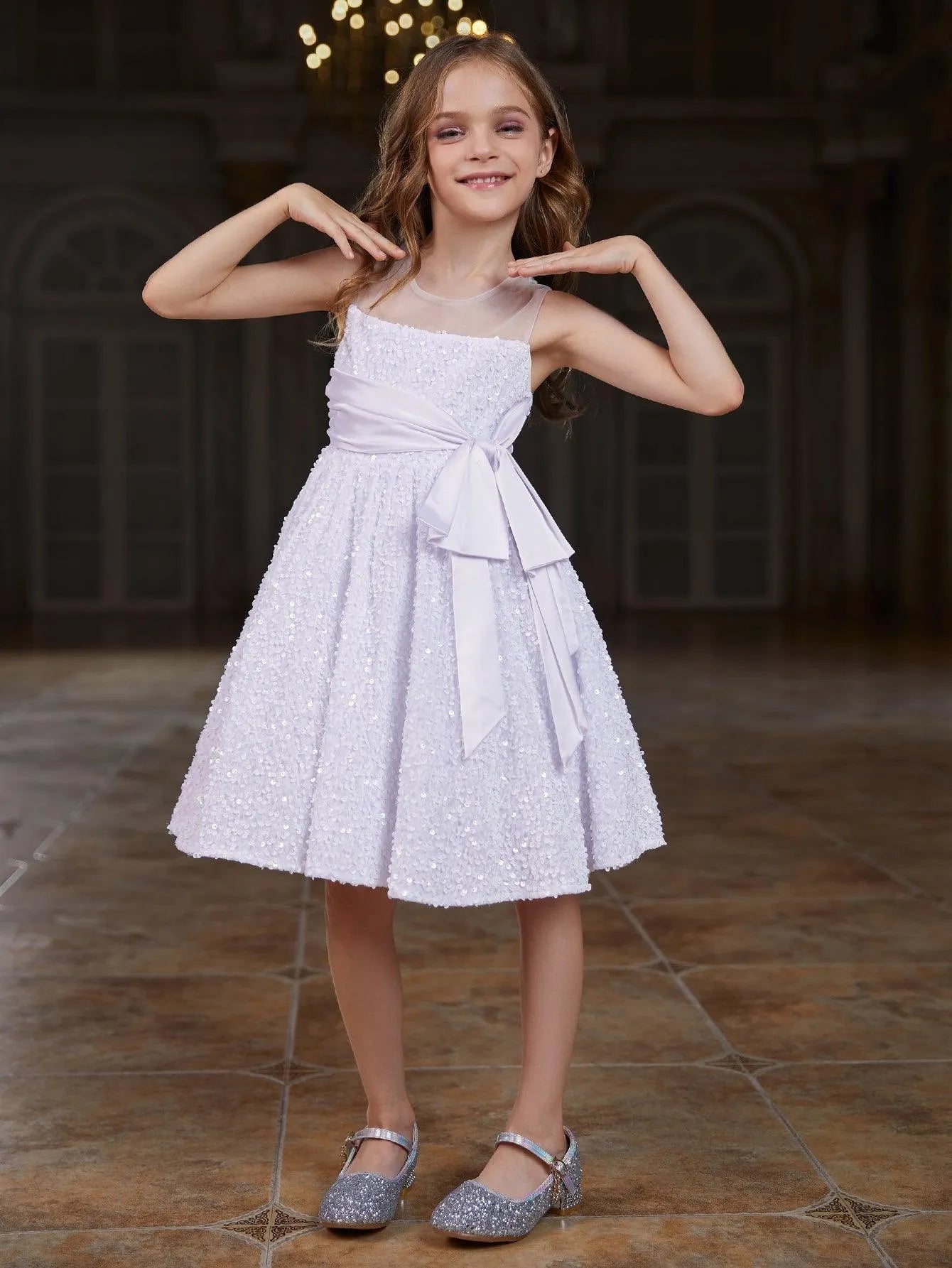 Tween Girls' Cute Sleeveless Knot Side Sequin A Line Dress - Elonnashop